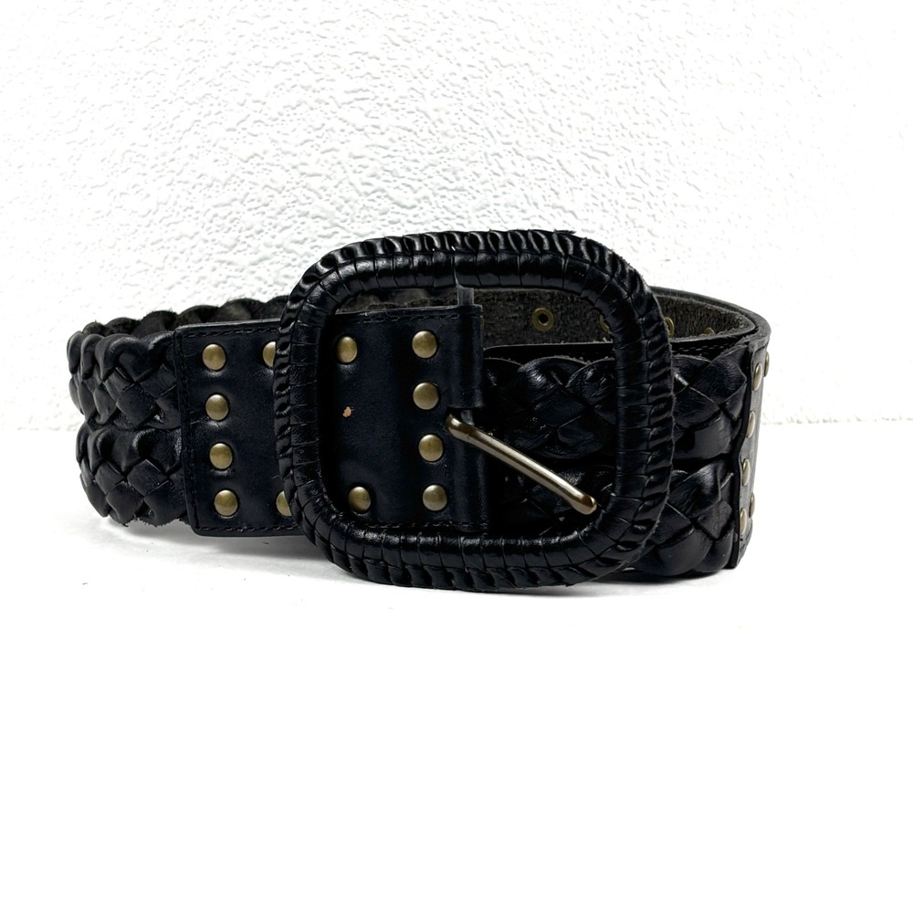 Fossil Braided Leather Belt Women 33-37 Medium Black Studded Wide Boho Western